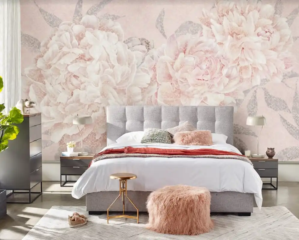 Фотообои и фрески в интерьере - для девушки, одним полотном, картинки, во всю стену, красивые, спальня, цветы, маленькая спальня, розовые, стеклообои, белые, над кроватью, светлые, в спальню, пионы, для девочки, крупные