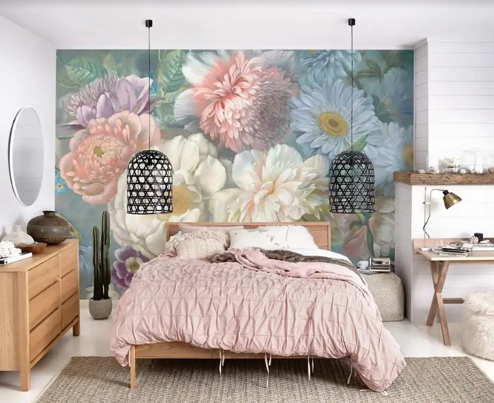 Фотообои и фрески в интерьере - белые, на стену готовые, розовые, пионы, цветы, спальня, в спальню, над кроватью, картинки, маленькая спальня
