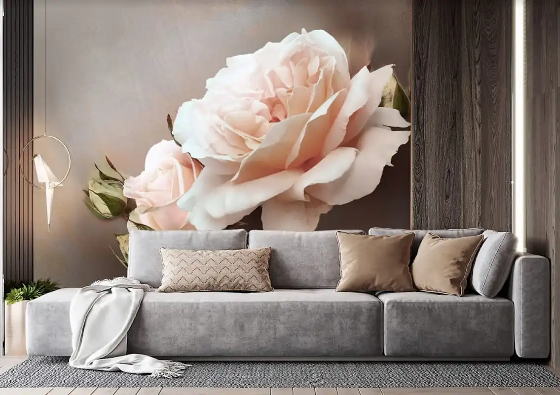 Фотообои и фрески в интерьере - в гостиную, светлые, флизелиновые, в салон, розовые, картинки, в зал, цветы, по размерам, над диваном, розы, крупные, в интерьер гостиной, роза увеличенная, розовая роза, дизайн розы, розы с объемом