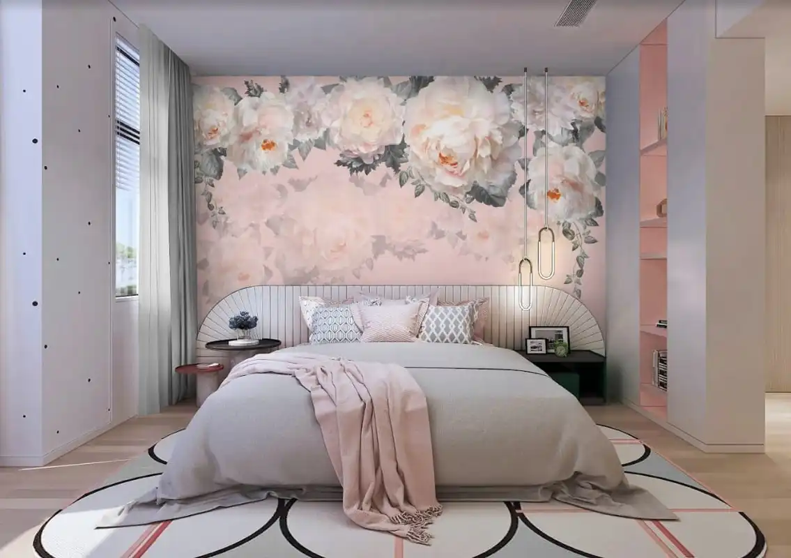 Фотообои и фрески в интерьере - пионы, для девочки, флизелиновые, розовые, цветы, спальня, в спальню, над кроватью, белые, на часть стены, картинки, маленькая спальня