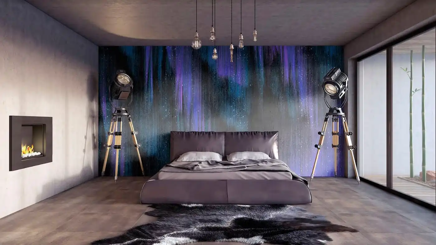 Фотообои и фрески в интерьере - эффектные, большие, в спальню, мужские, стеклообои, над кроватью, черные, темные, смешанные краски, для мужчин, картинки, флюиды, фиолетовые, для спальни, черный фон