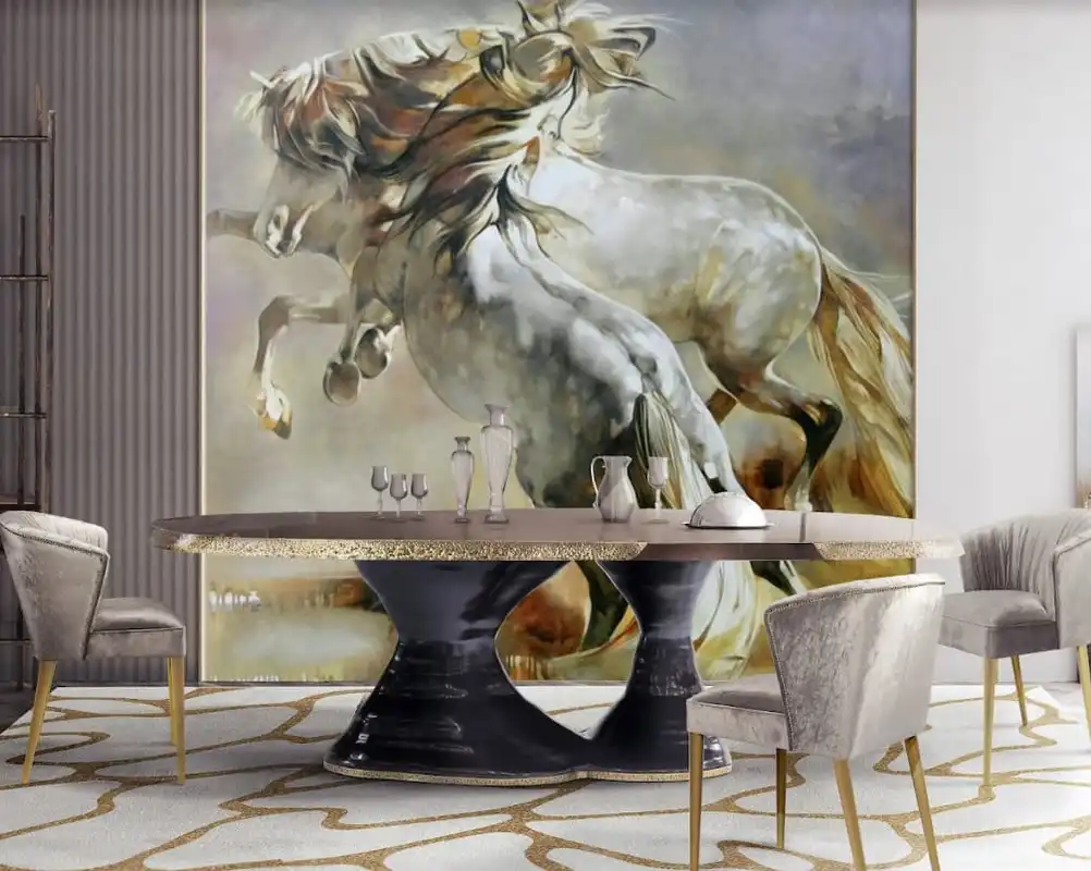 Фотообои и фрески в интерьере - в кабинет, в салон, лошади, небольшие, в офис, в гостиную, над столом, в интерьер гостиной, картинки, стеклообои, в стиле модерн, картины, живопись, эстетичные, серые, в зал, лошади пара, с конями, лошади на лугу, с лошадьми