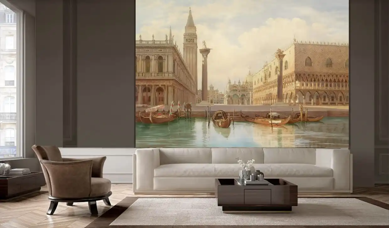 Фотообои и фрески в интерьере - в холл, небольшие, в гостиную, венеция, над диваном, красивые, город, в офис, бежевые, картинки, улочка, популярные, готовые, в зал, увеличивающие пространство