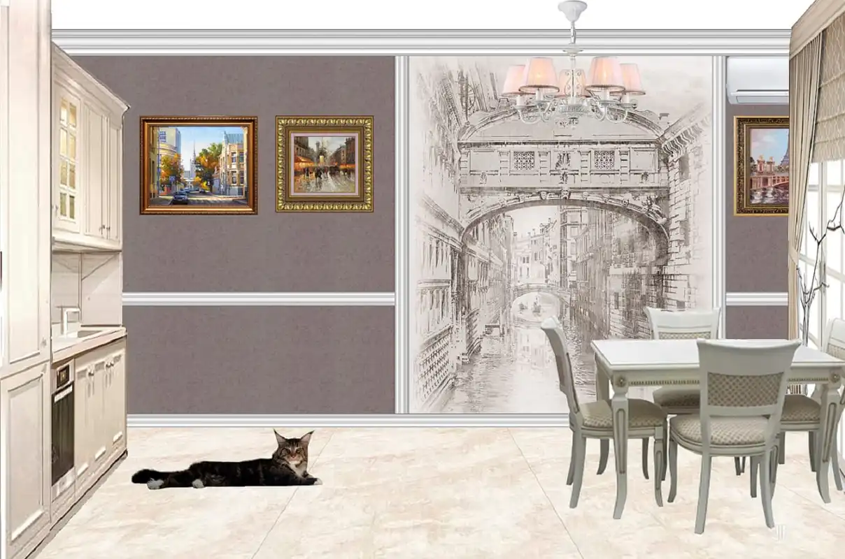 Фотообои и фрески в интерьере - расширяющие пространство, в кухню, обеденная зона, графика, картинки, на кухню дизайн, венеция, вертикальные