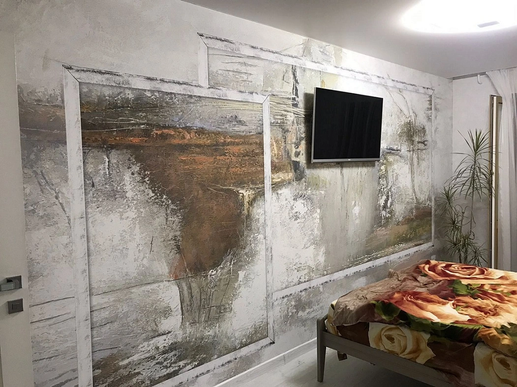 Фотообои и фрески в интерьере - выполненные, серо-коричневые, для мужской спальни, премиум, большие, абстрактные, наши работы, широкие, лофтовые, брутальные, на стену