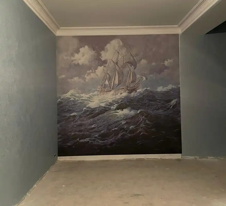 Фотообои и фрески в интерьере - выполненные, с морем, наши работы, темно синие, для холла, квадратные, шторм, качественные, с кораблем, недорогие, морской пейзаж