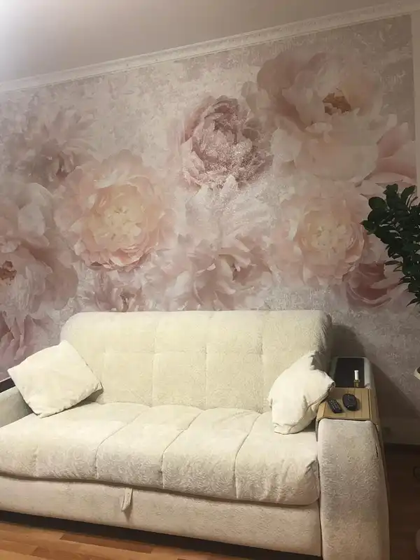 Фотообои и фрески в интерьере - выполненные, во всю стену, самые красивые, цветы нежно розовые, для зала, сочетание, наши работы, крупные, большие