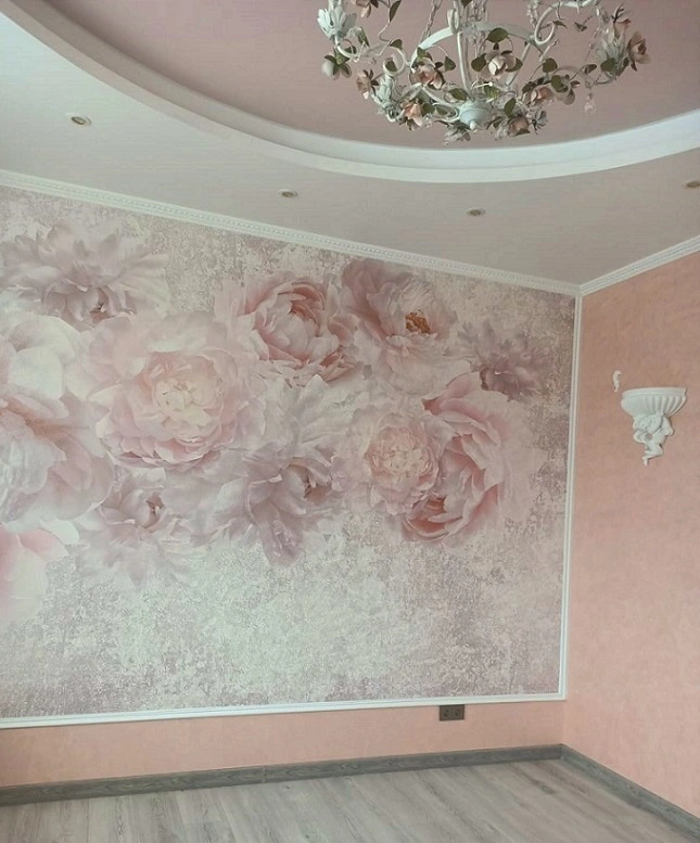 Фотообои и фрески в интерьере - выполненные, крупные, нежно розовые, для зала, сочетание, наши работы, большие, самые красивые, во всю стену, цветы, на две стены