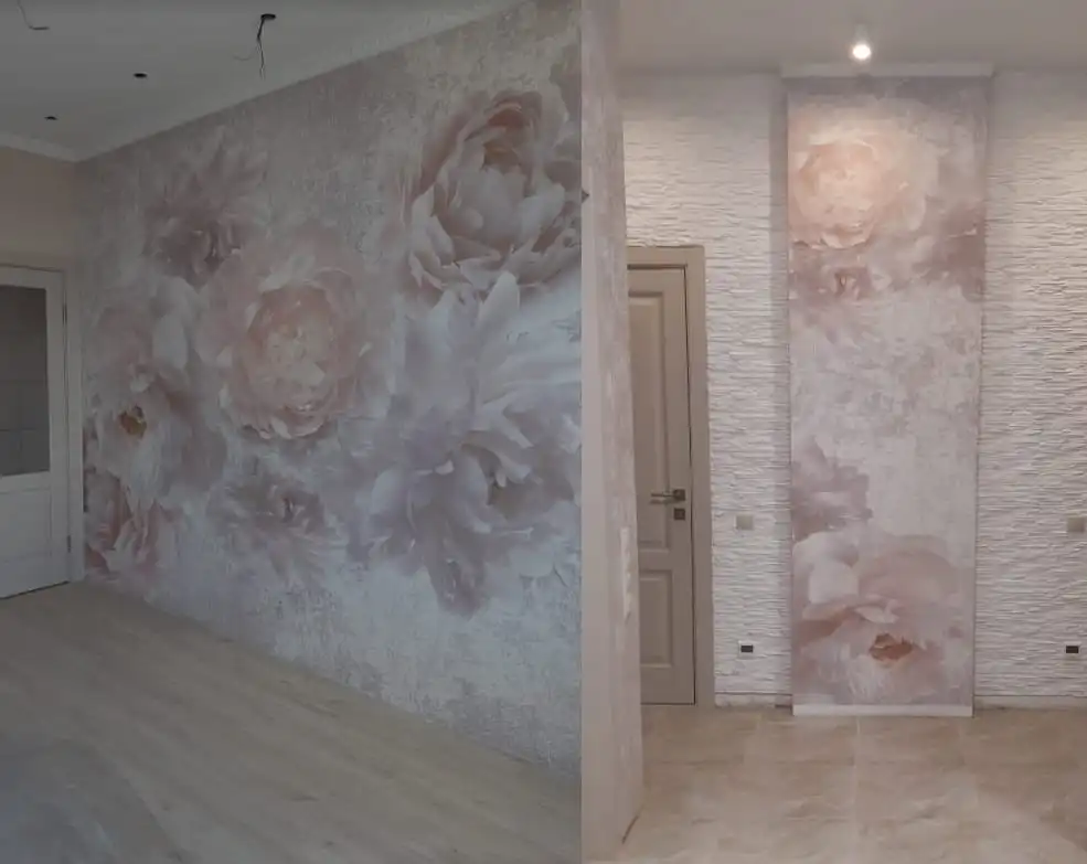 Фотообои и фрески в интерьере - выполненные, большие, наши работы, для зала, сочетание, самые красивые, цветы, крупные, нежно розовые, во всю стену, выбрать для зала