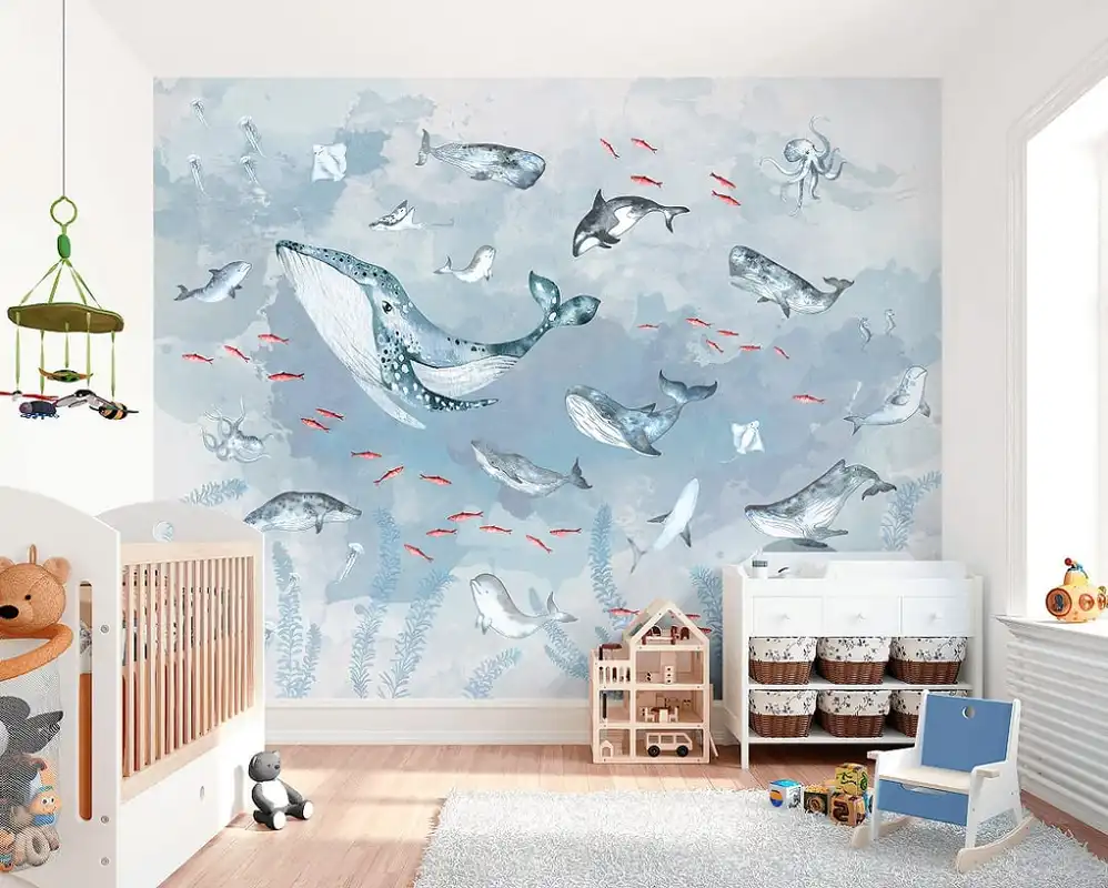 Фотообои и фрески в интерьере - на всю стену, флизелиновые, голубые, для детской мальчику, качественные, в детскую комнату, в детскую мальчику, киты, море, рыбы, для детского садика, мальчику в детскую, в детскую мальчику 5 лет, голубые киты, для мальчика, подводный мир, в интерьере мальчика, подводный мир на стену