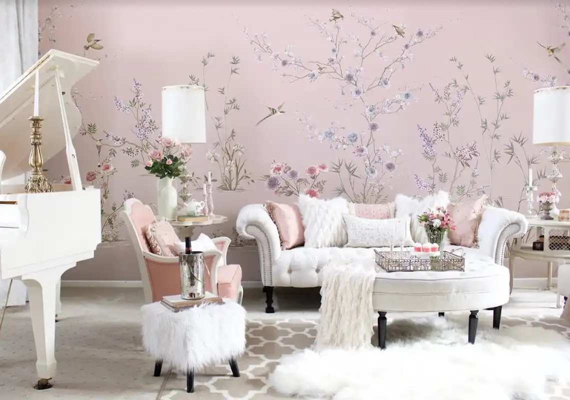 Фотообои и фрески в интерьере - в детскую комнату, розовые, флизелиновые, сад с птицами, для подростка девочки, горизонтальные, лучшего качества, с кустами роз, длинные, на 2 стены, по размерам, круговые