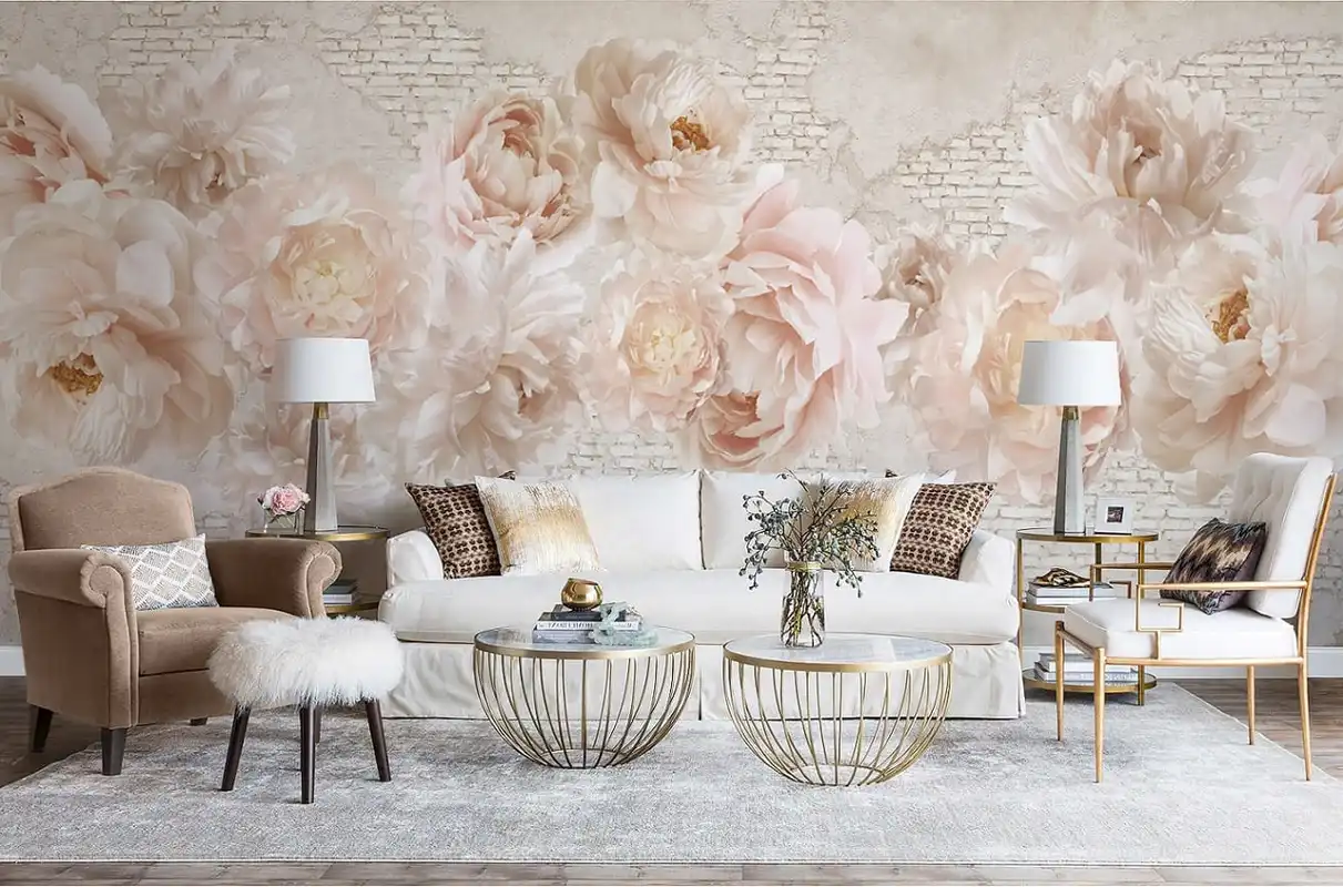 Фотообои и фрески в интерьере - цветы, пионы, в салон красоты, розовые, лучшего качества, в гостиную, широкие, крупные