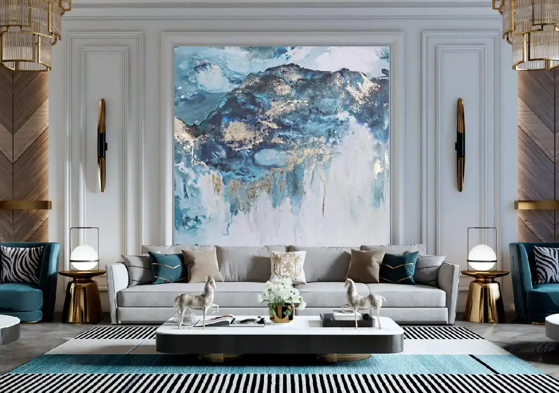 Фотообои и фрески в интерьере - люкс, большие, синие, абстракция, флюиды, в гостиную, с золотом, в салон, качественные