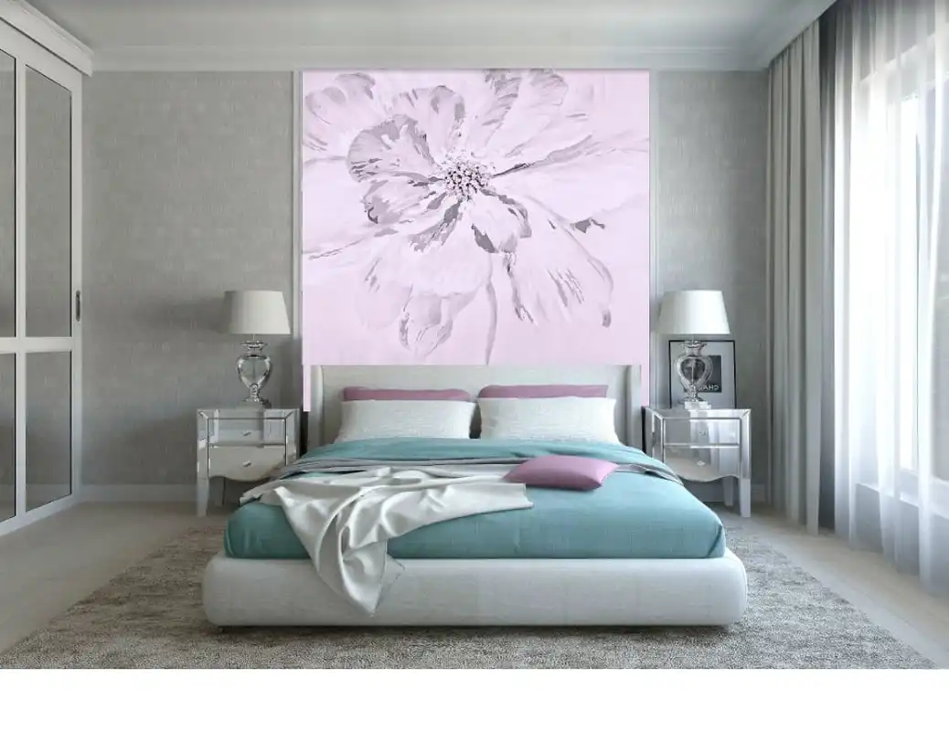 Фотообои и фрески в интерьере - цветы, сиреневые, цветок, модерн, над кроватью, квадратные, воздушные