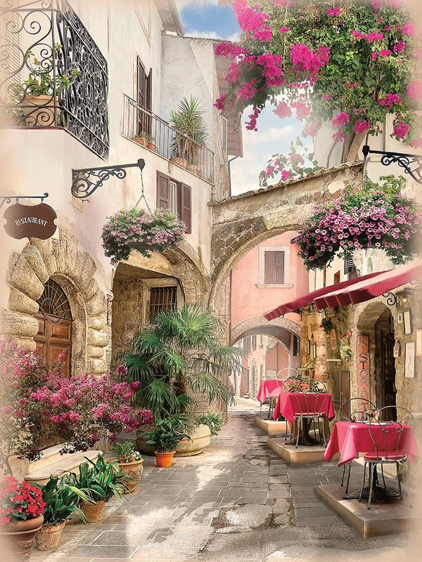Фотообои и фрески в интерьере - города, улочки, итальянские, с цветами, розовые, в цветах, вертикальные