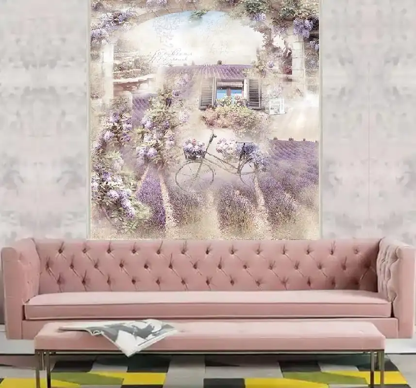 Фотообои и фрески в интерьере - в стиле прованс, сиреневые, нежные, светлые, за диваном, с велосипедом, с цветами, с лавандовым полем, квадратные, прованс