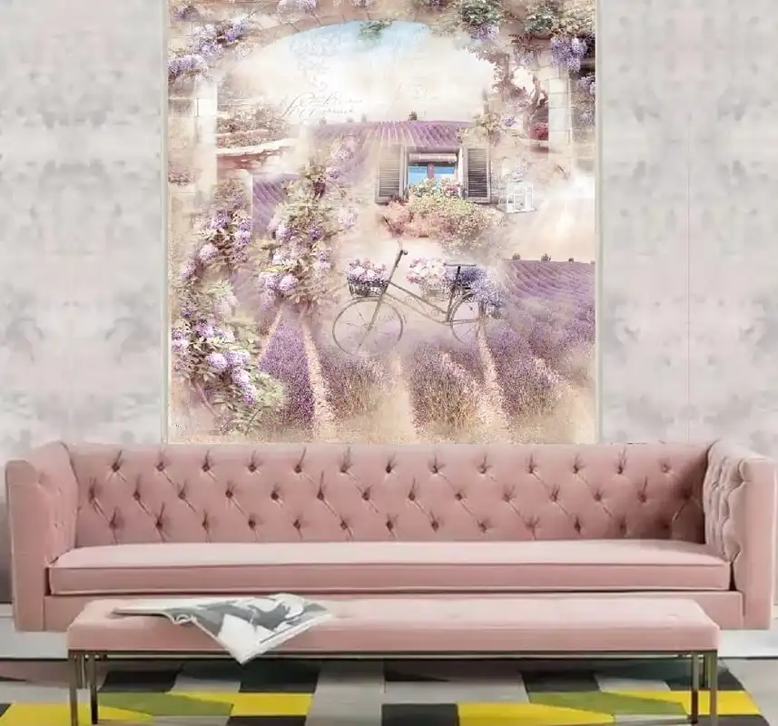 Фотообои и фрески в интерьере - в стиле прованс, розовые, квадратные, для гостиной, для частного дома, светлые, пастельные тона, нежные, прованс