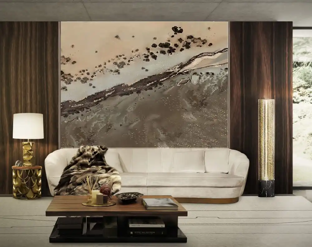 Фотообои и фрески в интерьере - современные, над диваном, коричневые, квадратные, графичные