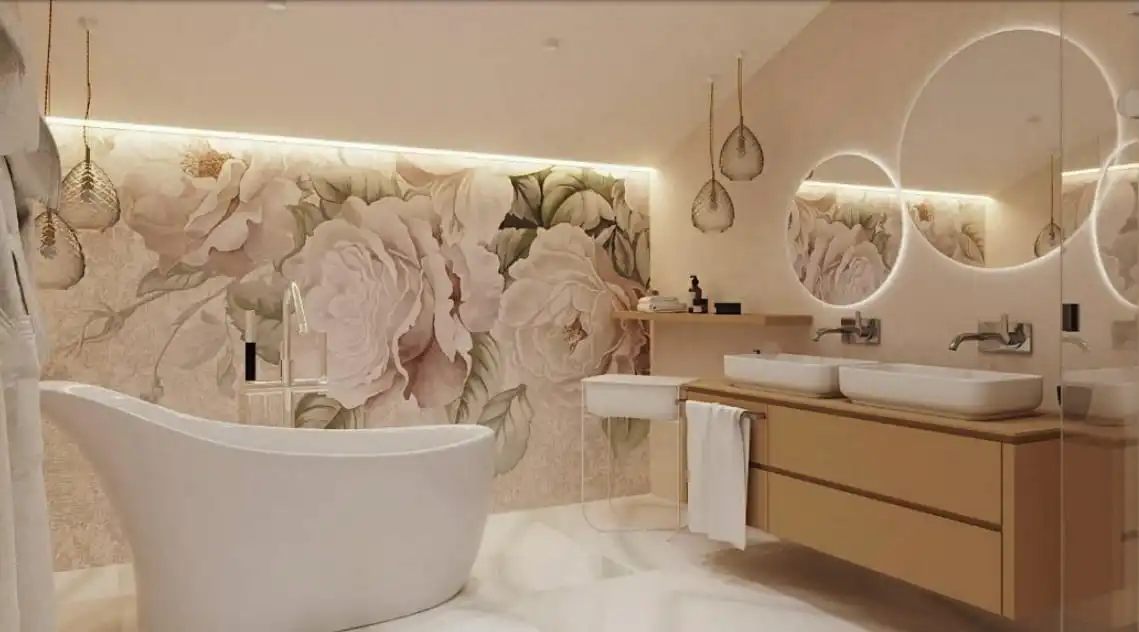 Фотообои и фрески в интерьере - цветы, в ванную комнату, розы, пудрового цвета, нежно розовые, крупные, на плитке