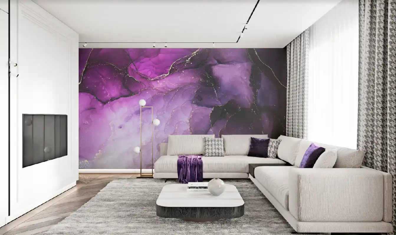 Фотообои и фрески в интерьере - флюид, фиолетовый, широкий, за диваном, флюиды