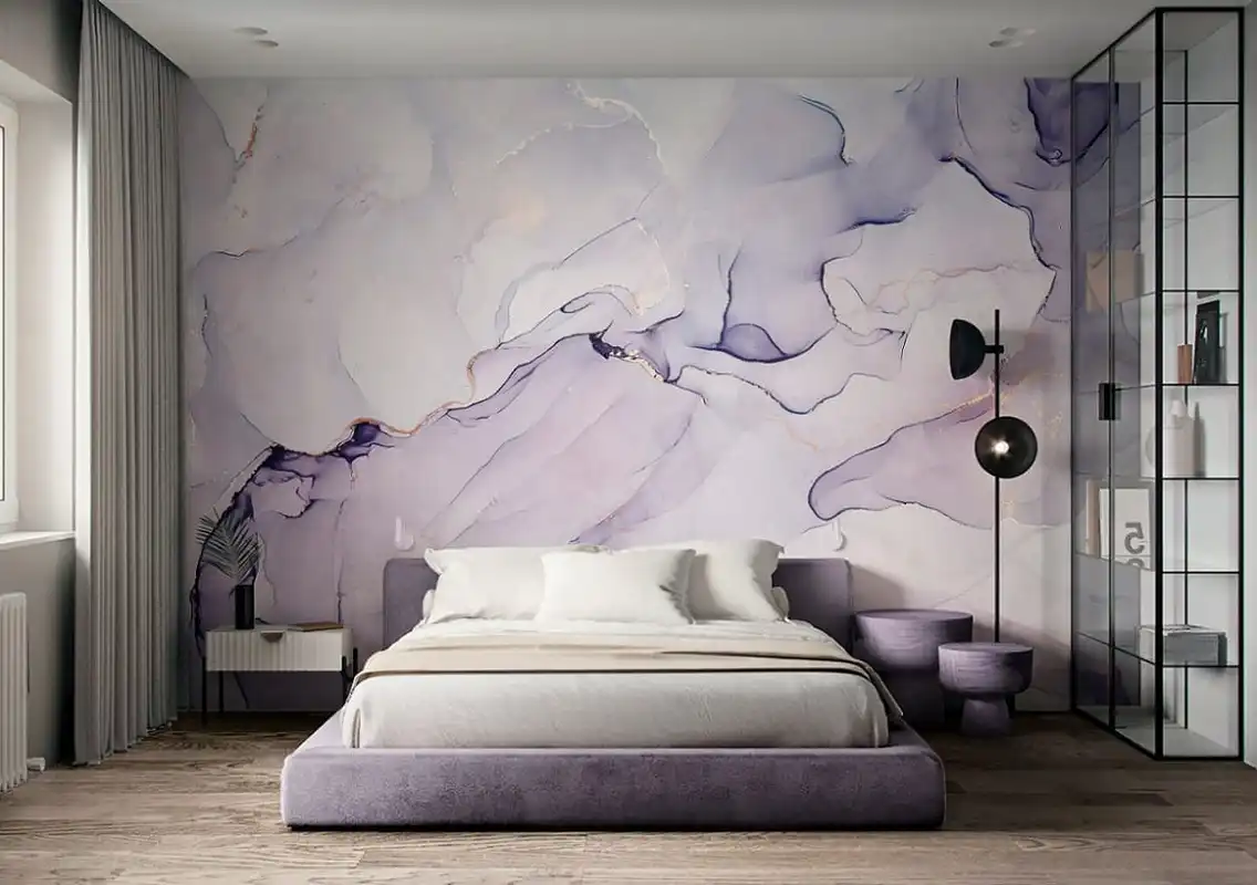 Фотообои и фрески в интерьере - флюид, светло сиреневый,  над кроватью, большой, флюиды