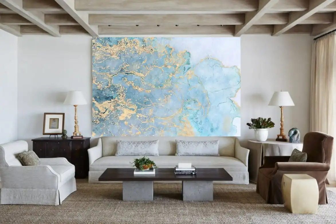 Фотообои и фрески в интерьере - флюиды, над диваном, голубые, горизонтальные, с золотом, большие