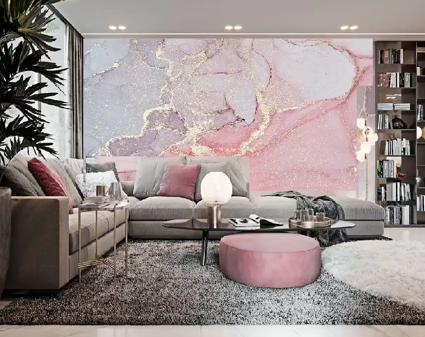 Фотообои и фрески в интерьере - флюиды, флюид, розово-сиреневый, с белым золотом, над диваном, широкий