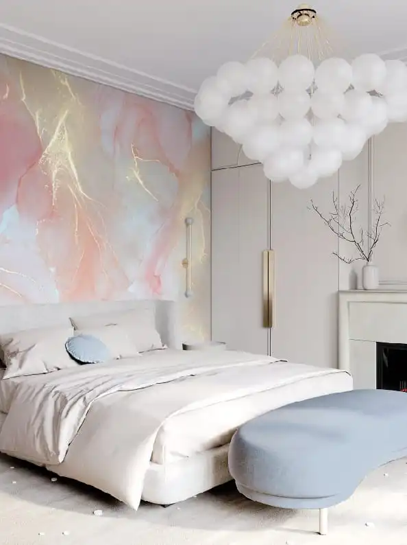 Фотообои и фрески в интерьере - флюиды, флюид, над кроватью, розово-голубой, с золотом,  воздушный, нежный
