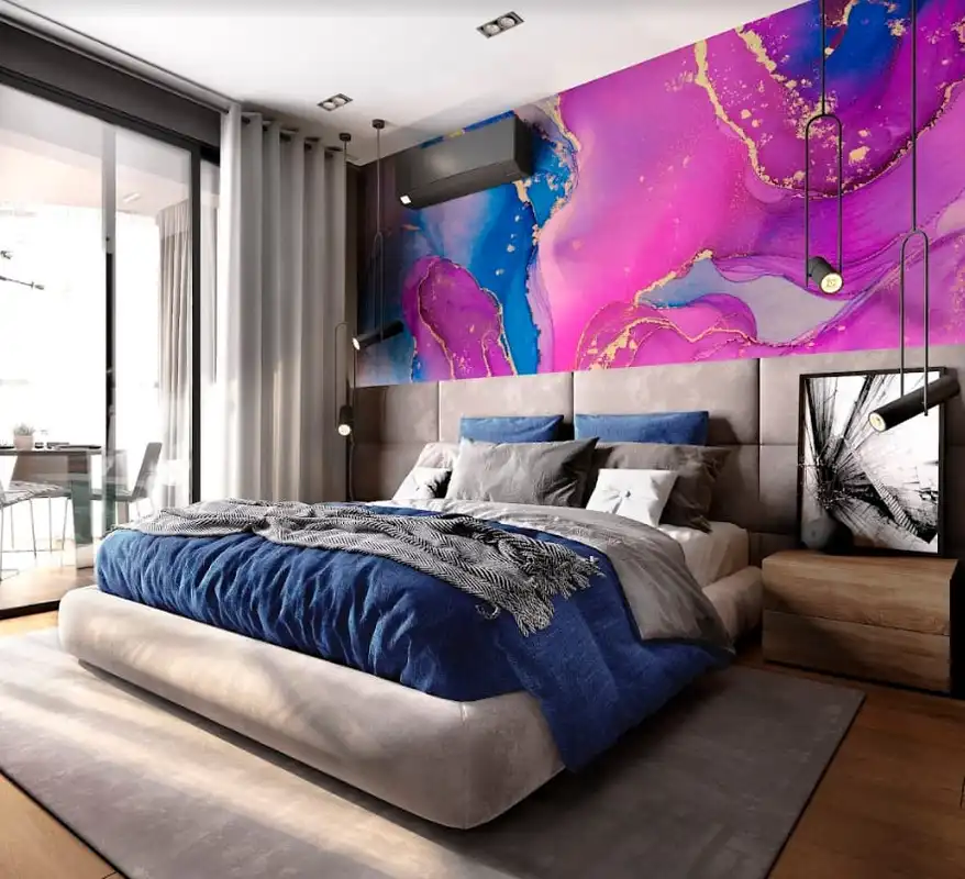 Фотообои и фрески в интерьере - флюиды, флюид, яркие, цвета фуксии, розово-синий, над кроватью, широкий