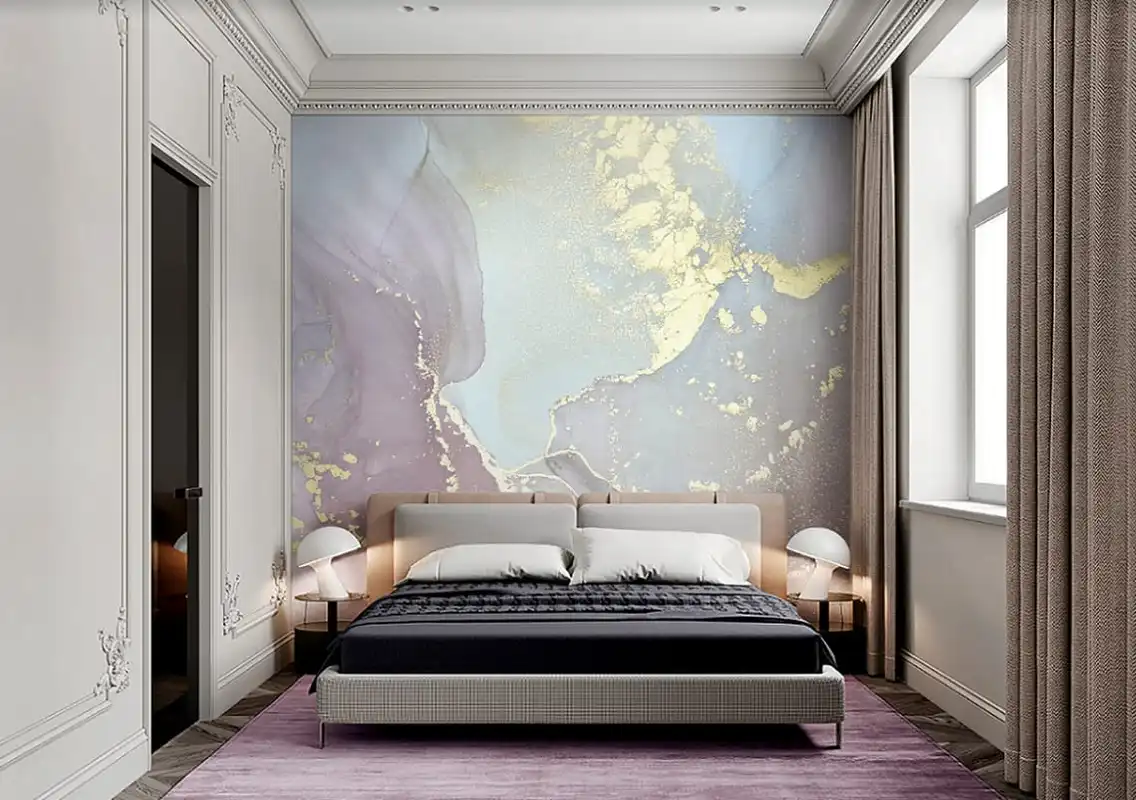 Фотообои и фрески в интерьере - флюид, флюиды, над кроватью, сиреневые, голубые, с золотом, небольшие