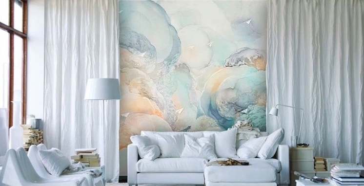 Фотообои и фрески в интерьере - над диваном, облака, голубые, квадратные, в пастельных тонах