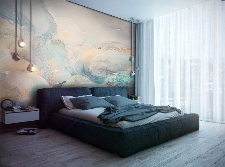 Фотообои и фрески в интерьере - в спальню, облака, голубые, во всю стену, широкие