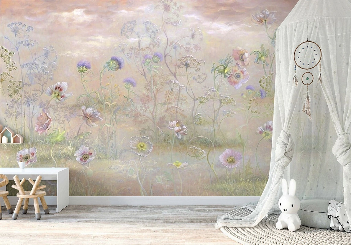 Фотообои и фрески в интерьере - в детскую комнату, цветочная поляна, с полевыми цветами, во всю стену