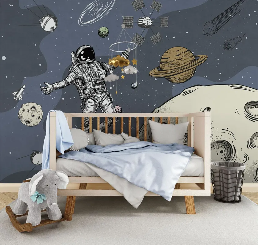 Фотообои и фрески в интерьере - в детскую комнату, космическая тематика, космонавты, на темном фоне