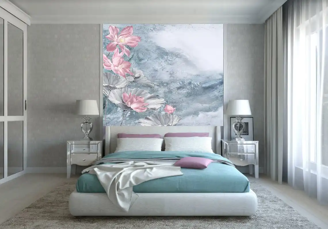 Фотообои и фрески в интерьере - над кроватью, лотосы  розовые, на бирюзовом мраморе