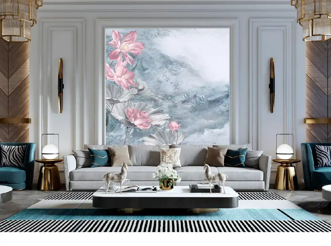 Фотообои и фрески в интерьере - над диваном, лотосы, розовые, на бирюзовом фоне, мрамор