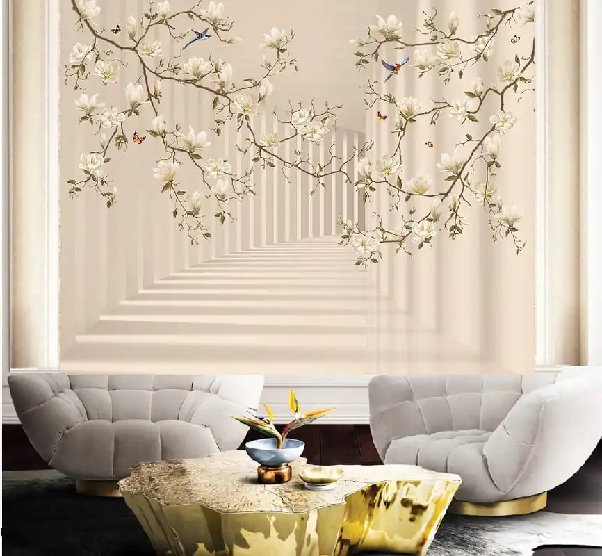 Фотообои и фрески в интерьере - над диваном, белые магнолии, ветки магнолий, на персиковом фоне, расширяющие пространство
