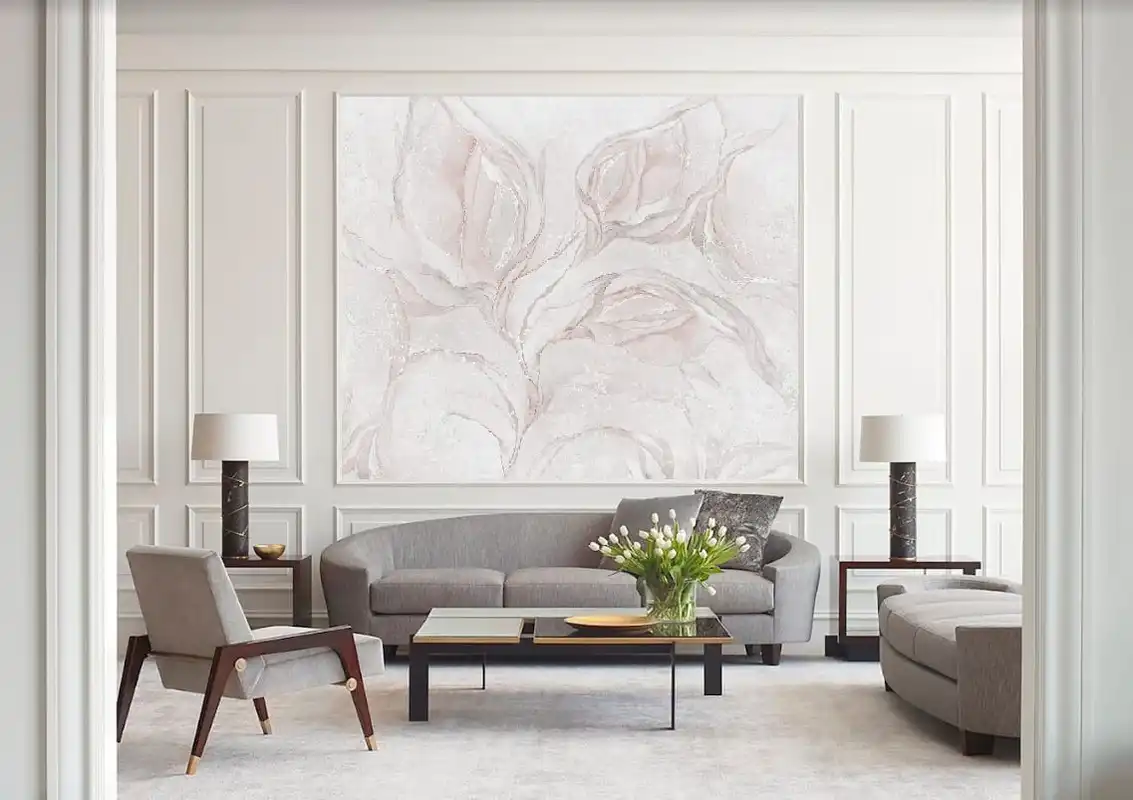 Фотообои и фрески в интерьере - над диваном, флюид, цвета пудры, бледно розовые