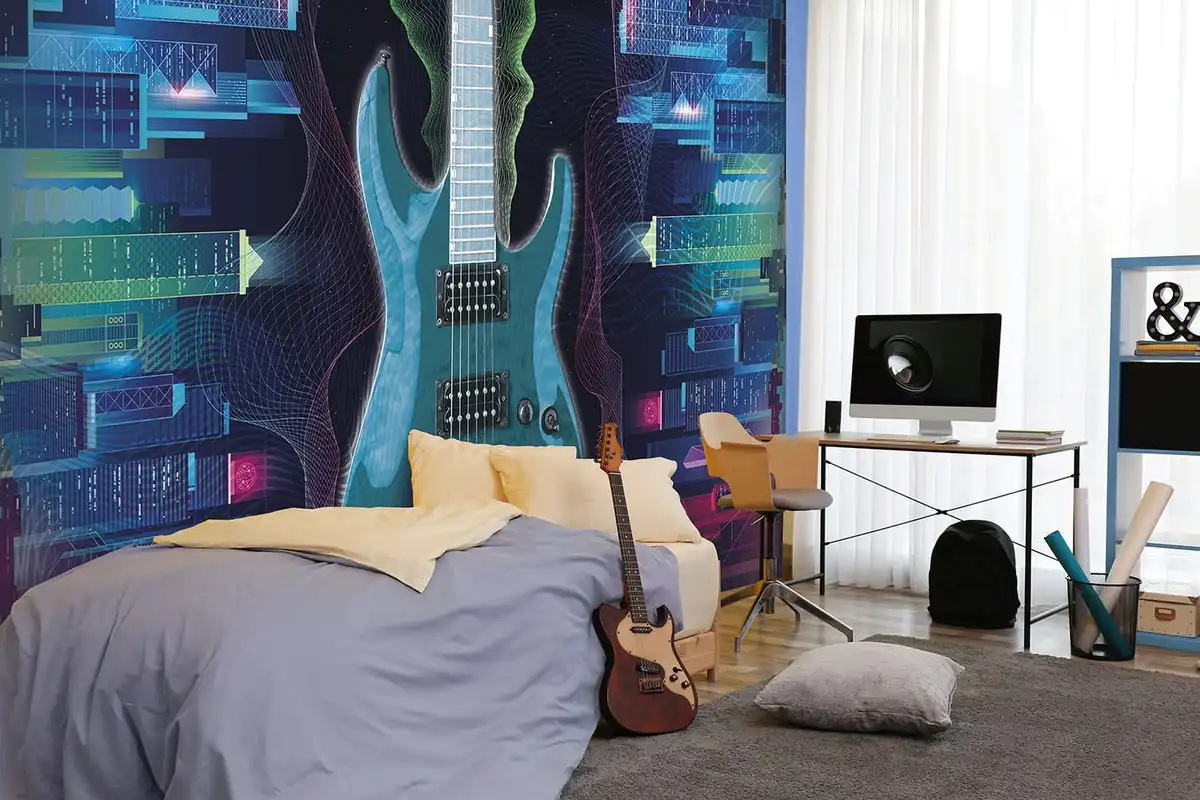 Фотообои и фрески в интерьере - молодежные, синие, в комнату подростка, мызыкантам, гитара