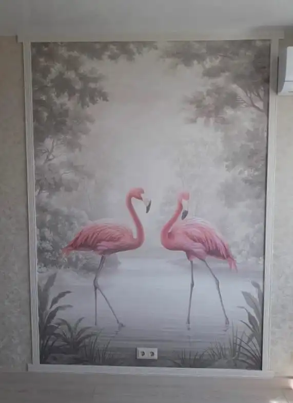 Фотообои и фрески в интерьере - наши работы, розовые фламинго, в пейзаже