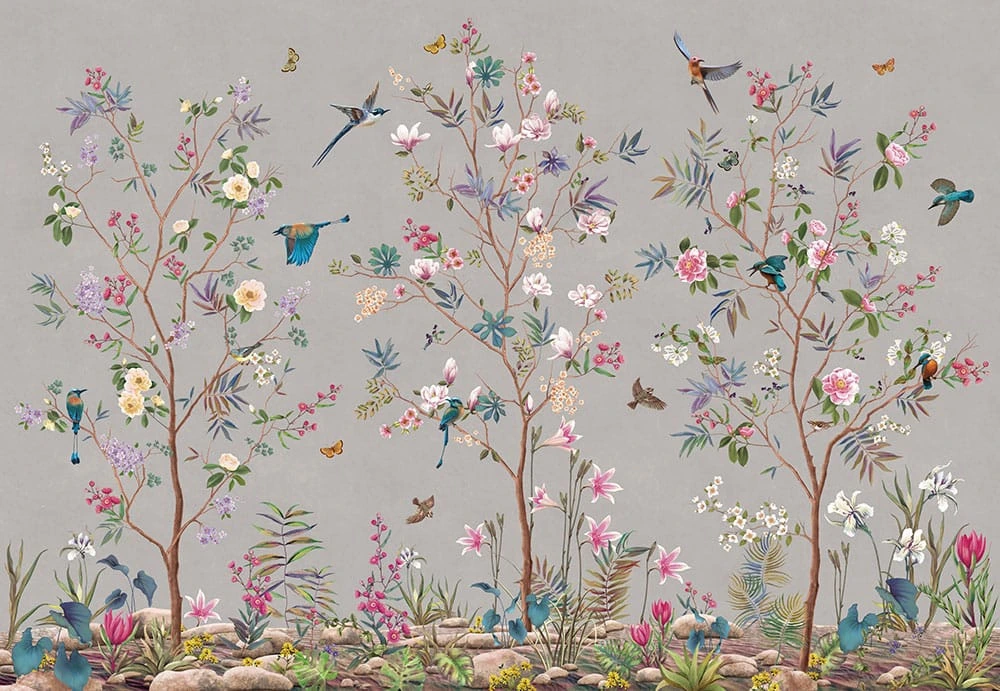 Фотообои и фрески в интерьере - шинуазри, сад, на сером фоне, с яркими птицами, с цветами, с деревьями