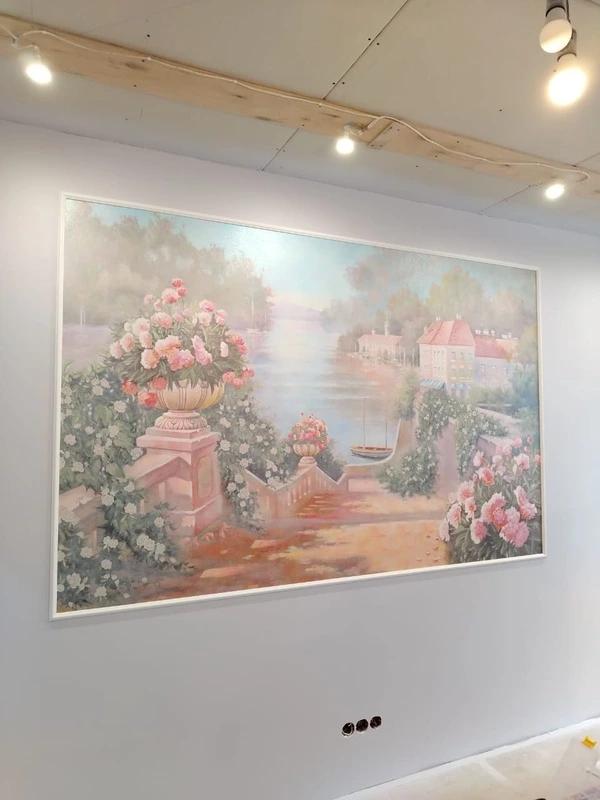 Фотообои в интерьере - наши работы, пейзаж с пионами, пейзаж с цветами, река, спуск к морю