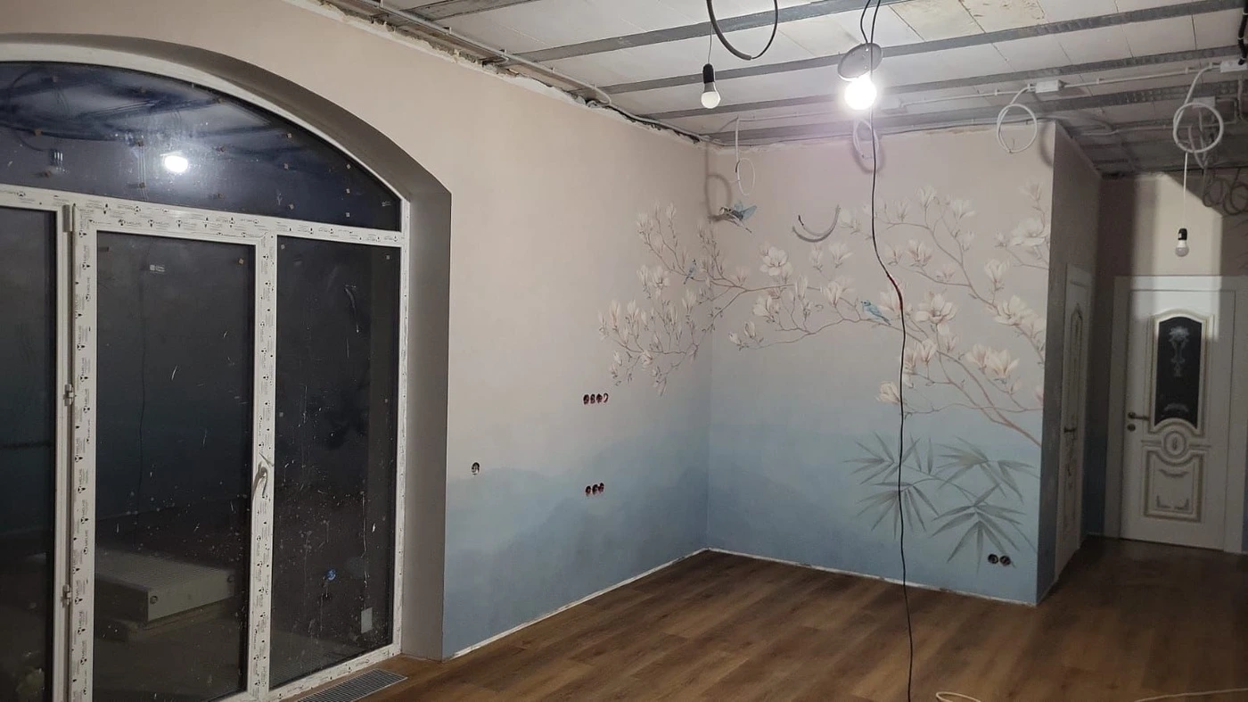 Фотообои в интерьере - наши работы, ветки магнолии, голубые, кремовые