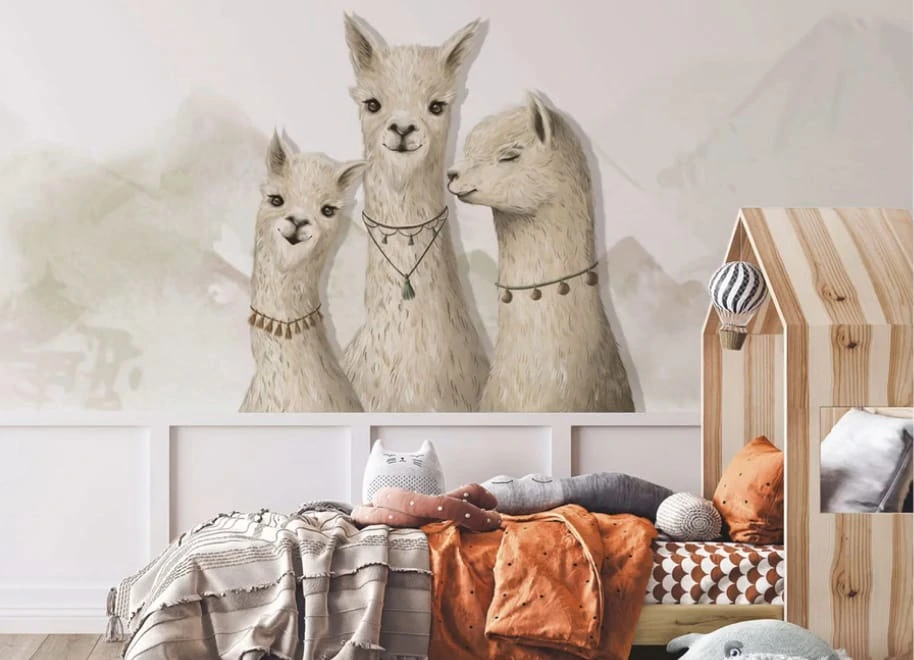 Фотообои в интерьере - в детскую комнату, ламы, на светлом фоне, детские