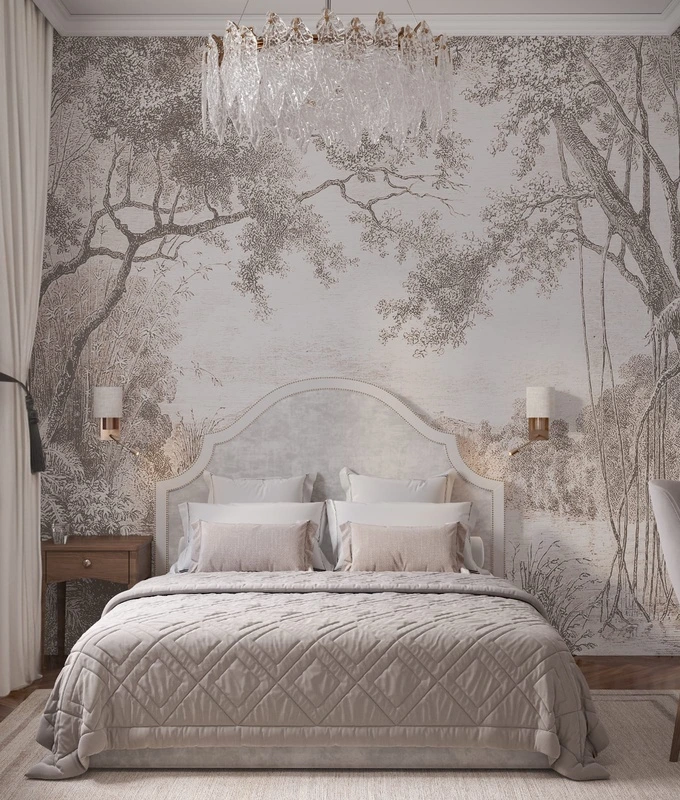 Фотообои в интерьере - наши работы, пейзаж, новинки, графика, лес, лес в тумане, парк в графике, деревья и кусты, пейзаж с рекой, маленькая спальня