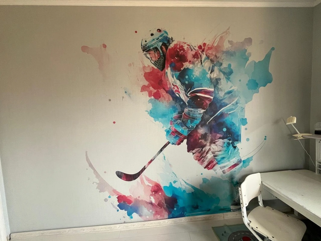 Фотообои в интерьере - наши работы, хоккеист с клюшкой