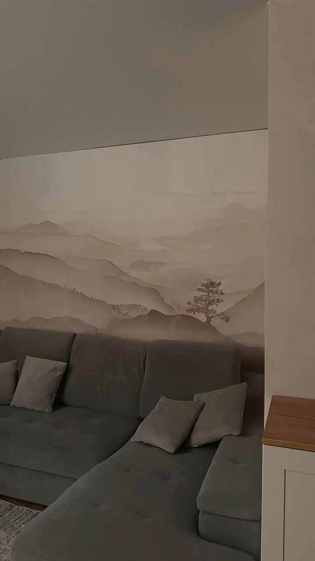 Фотообои в интерьере - наши работы, горы, бежевые горы, деревце, даль