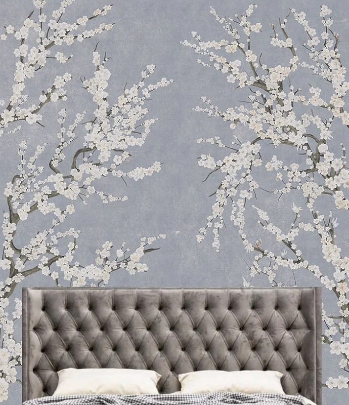 Фотообои в интерьере - цветы, ветки, белые цветы, яблоня, ветки яблони, голубые, над кроватью, в спальню