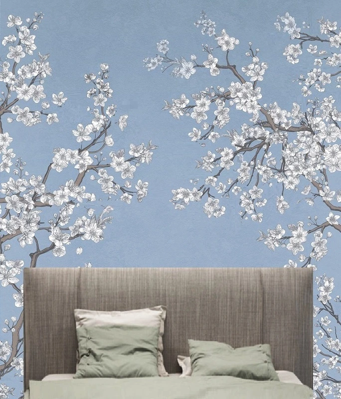 Фотообои в интерьере - цветы, ветки яблони, ветки с белыми цветами, голубые