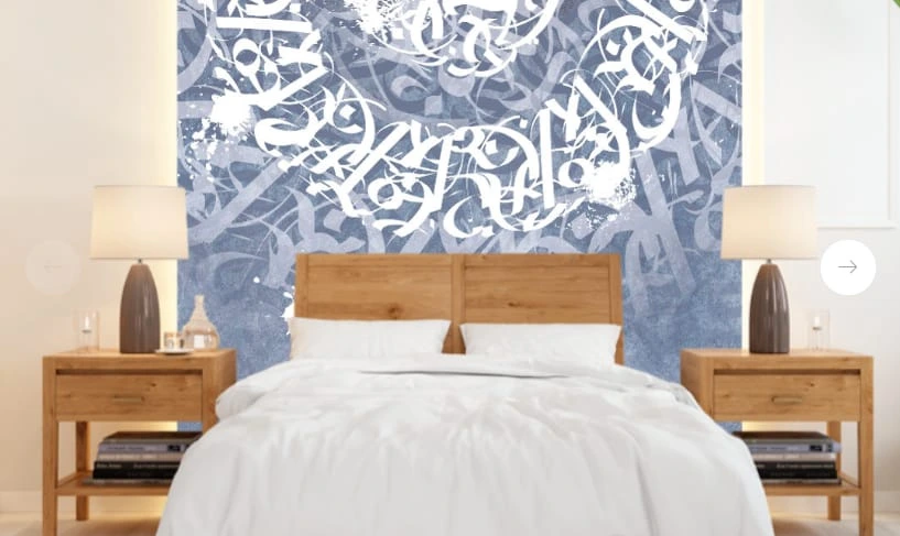 Фотообои в интерьере - абстракция, абстрактные, абстракция на стену, голубая, лофт, с белой графикой, с иероглифами